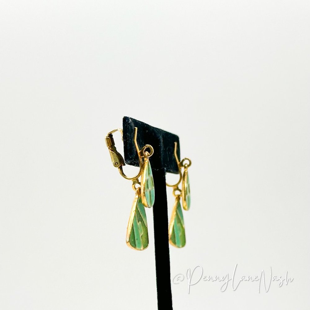 Vintage Double Green Tiled Teardrops Clip On Earrings - Picture 3 of 6